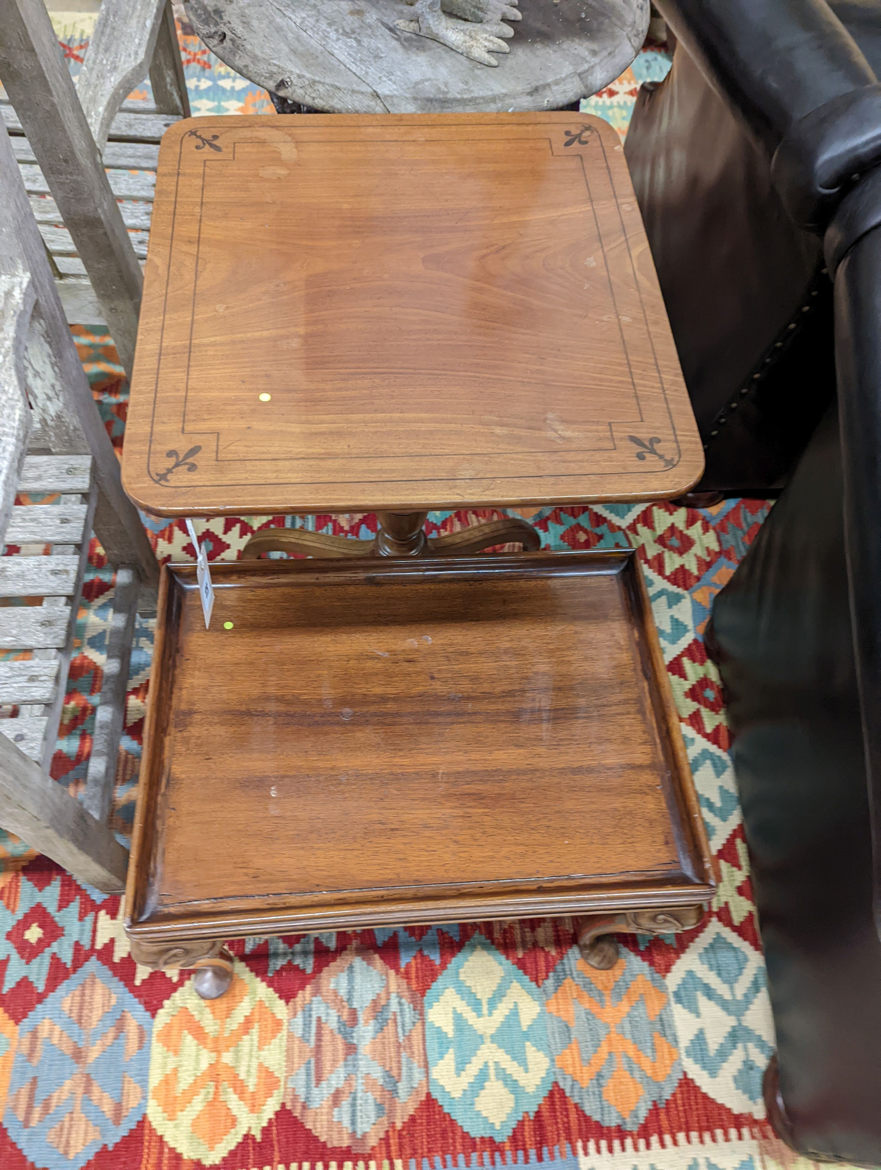 A George IV inlaid mahogany tilt top tripod wine table, width 45cm, depth 47cm, height 71cm together with a George II style rectangular mahogany occasional table